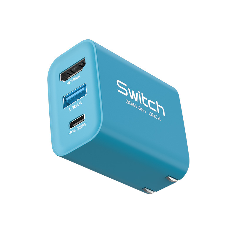蓝色充电头三合一兼容SWITCH任天堂游戏机配线HUB拓展坞USB3.1 TYPE C扩展坞